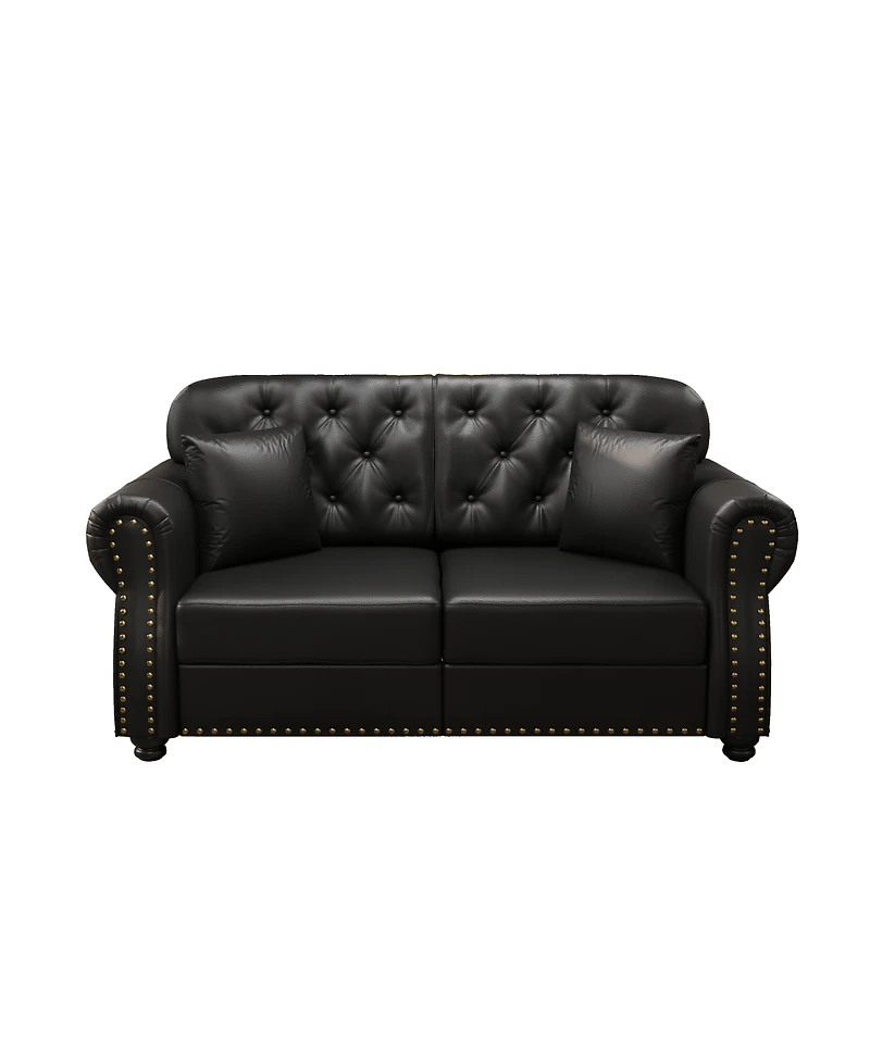 Maison Boucle 63'' Faux Leather Loveseat, Nailhead Tufted Chesterfield, Wood Frame
