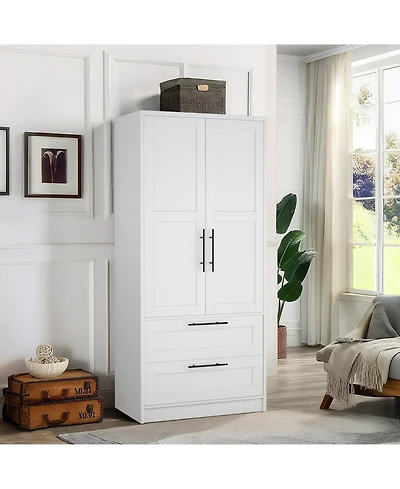homfan Wooden Wardrobe Armoire with Drawers and Hanging Rod, Adjustable Shelf, Modern Closet Storage Cabinet for Bedroom, Dorm, Apartment