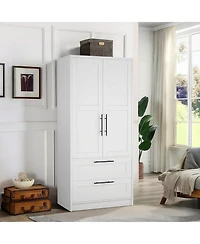 homfan Wooden Wardrobe Armoire with Drawers and Hanging Rod, Adjustable Shelf, Modern Closet Storage Cabinet for Bedroom, Dorm, Apartment