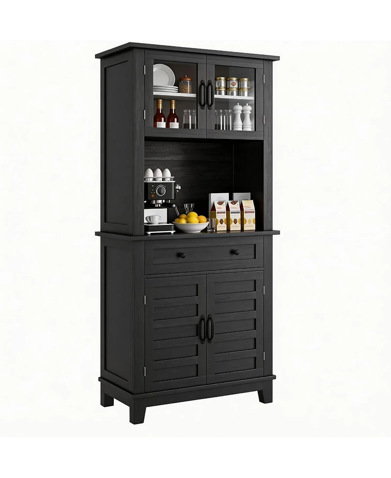 homfan Farmhouse 72'' Coffee Bar Cabinet with Glass Doors and Drawer