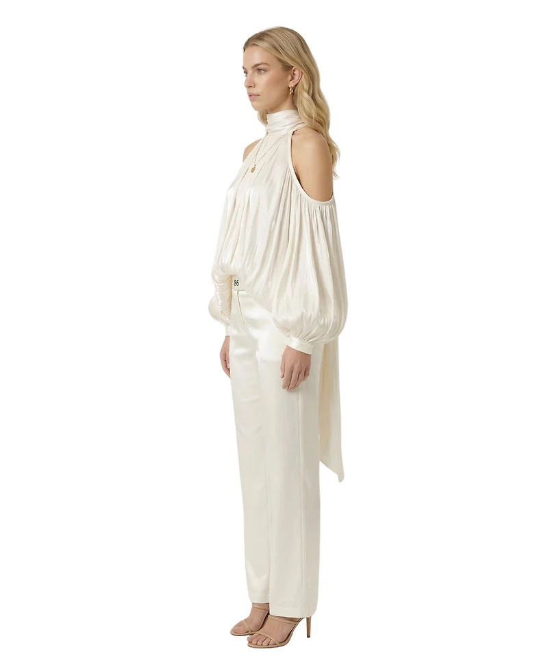 Modenaire Women's High-Neck Cold-Shoulder Draped Blouse