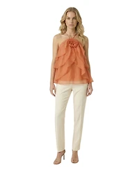 Modenaire Women's Halter Ruffle Chiffon Floral Applique Top