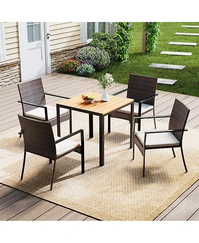 homfan 5-Piece Wicker Patio Dining Set with Umbrella Hole Table and Cushioned Chairs