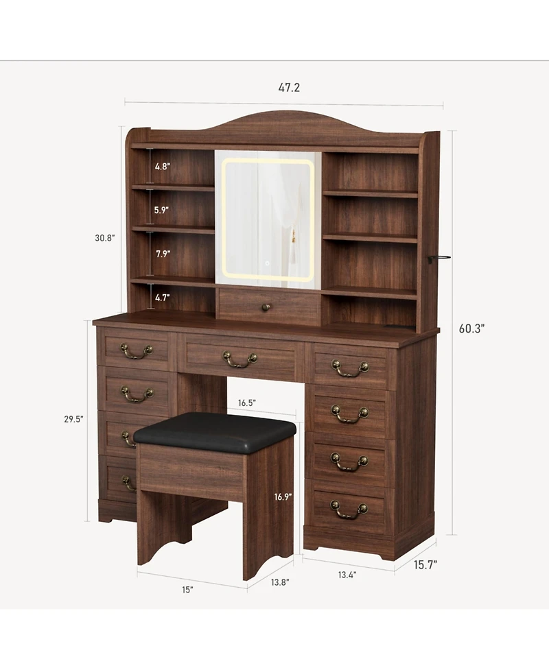 homfan Vanity Desk with Mirror and Led Lights - Includes Chair, 10 Drawers 8 Shelves, Makeup Table Power Outlet for Bedroom