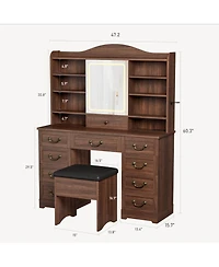 homfan Vanity Desk with Mirror and Led Lights - Includes Chair, 10 Drawers 8 Shelves, Makeup Table Power Outlet for Bedroom