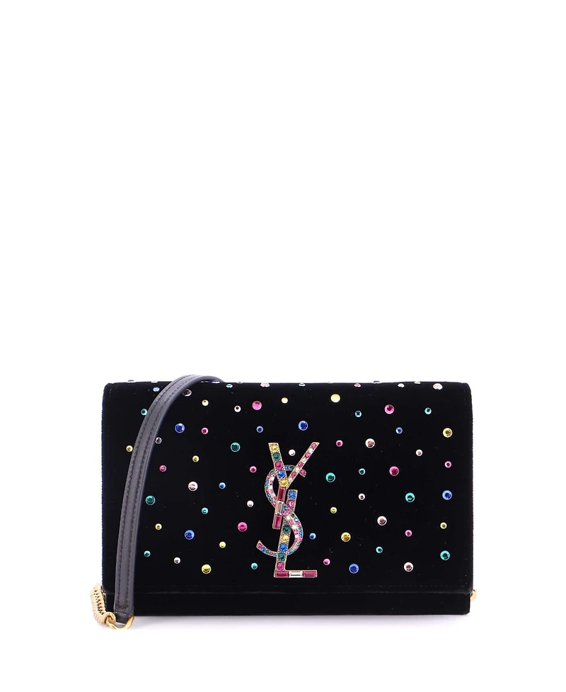 Pre-Owned Saint Laurent Classic Monogram Wallet on Chain Embellished Velvet