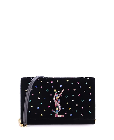 Pre-Owned Saint Laurent Classic Monogram Wallet on Chain Embellished Velvet
