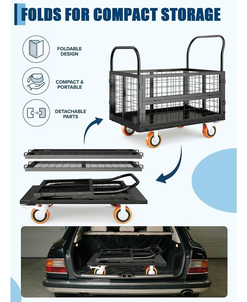 gaomon Platform Truck Cart with Cage 6-in-1 Foldable Hand Truck Heavy-Duty Dolly with 4 Wheels for Grocery Laundry and Warehouse