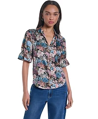 Karl Lagerfeld Paris Women's Floral Brocade Print 3/4-Sleeve Button-Up Blouse