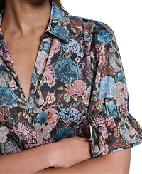 Karl Lagerfeld Paris Women's Floral Brocade Print 3/4-Sleeve Button-Up Blouse
