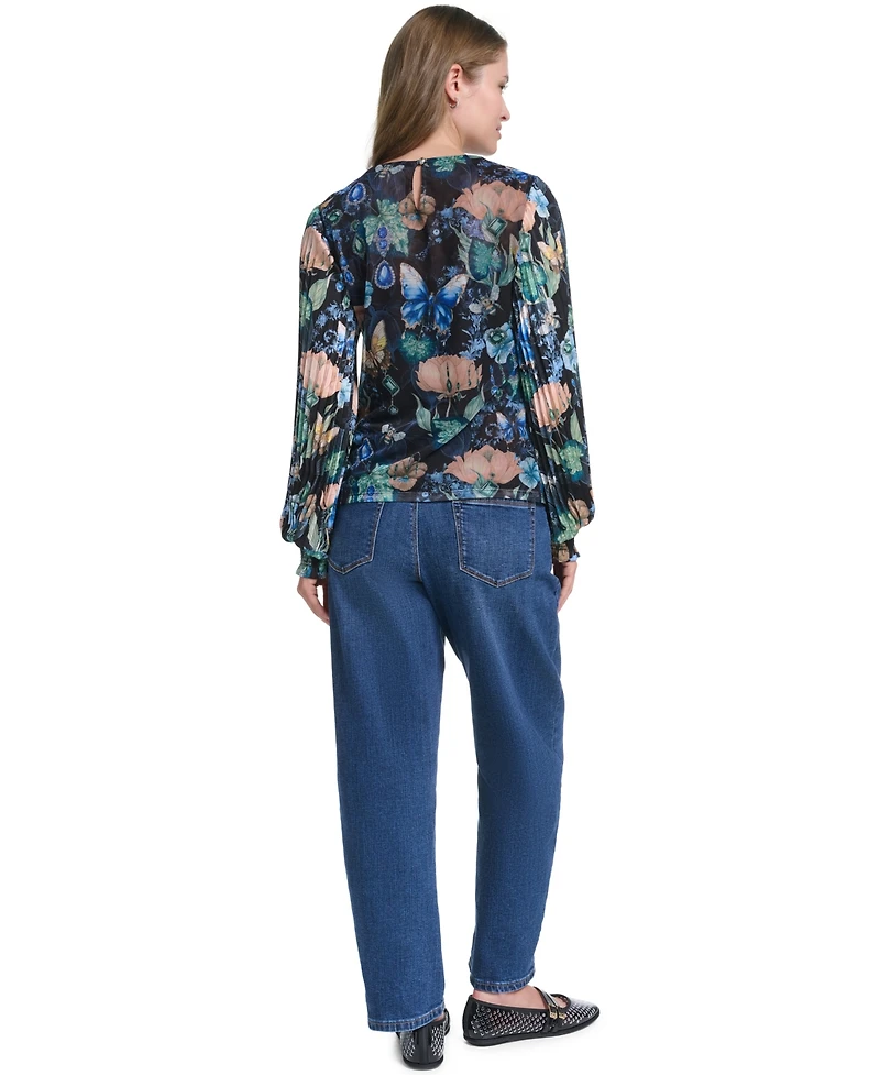 Karl Lagerfeld Paris Women's Mixed Media Printed Mesh Top