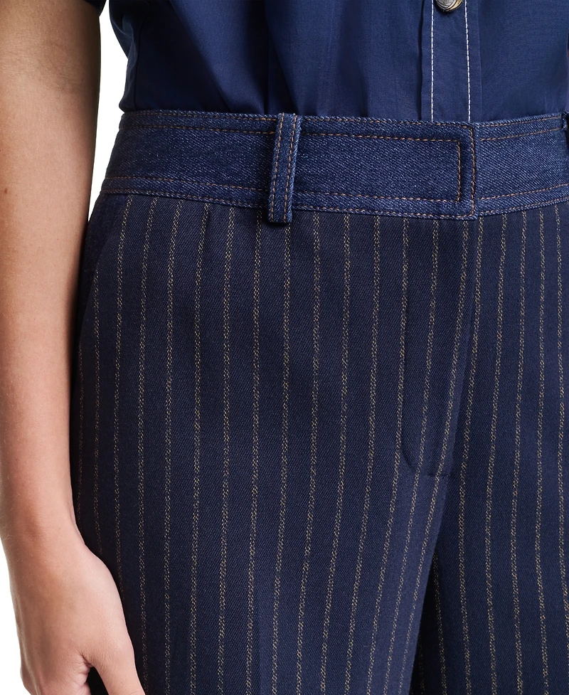 Karl Lagerfeld Paris Women's Striped Straight-Leg Denim Waistband Pants