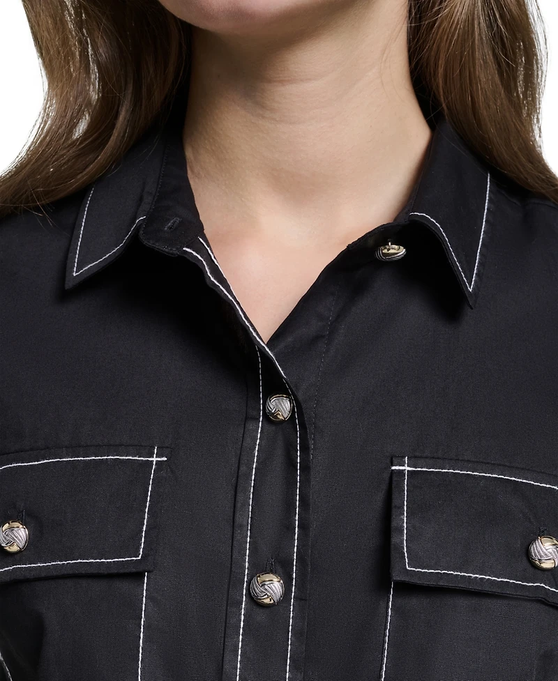 Karl Lagerfeld Paris Women's Cropped Poplin Button-Front Blouse