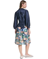 Karl Lagerfeld Paris Women's Striped Floral 3/4-Sleeve Button-Front Dress