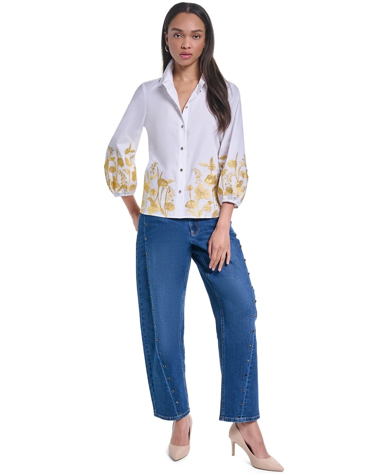 Karl Lagerfeld Paris Women's Gold-Tone Embroidery Puff Sleeve Button-Front Blouse