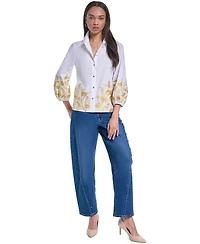 Karl Lagerfeld Paris Women's Gold-Tone Embroidery Puff Sleeve Button-Front Blouse