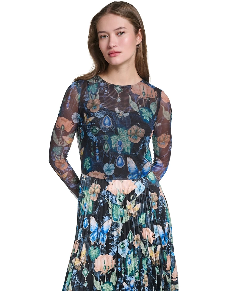 Karl Lagerfeld Paris Women's Printed Mesh Long-Sleeve Crewneck Dress