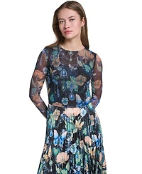 Karl Lagerfeld Paris Women's Printed Mesh Long-Sleeve Crewneck Dress