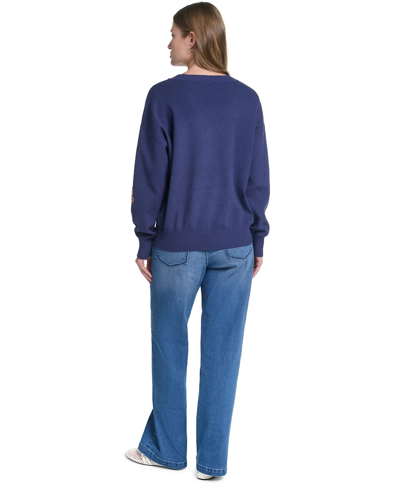 Karl Lagerfeld Paris Women's Floral Embroidery V-Neck Sweater