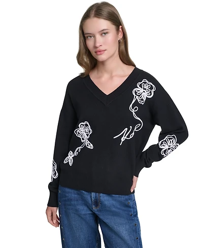 Karl Lagerfeld Paris Women's Floral Embroidery V-Neck Sweater