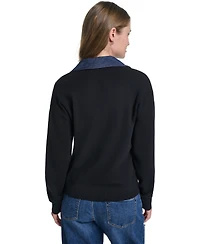 Karl Lagerfeld Paris Women's Denim Collar V-Neck Sweater