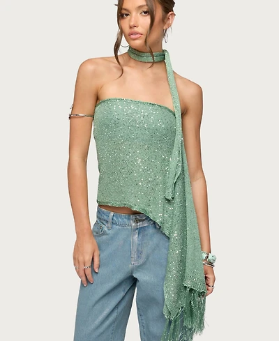 Edikted Women's Two-Piece Sequin Knit Scarf Top