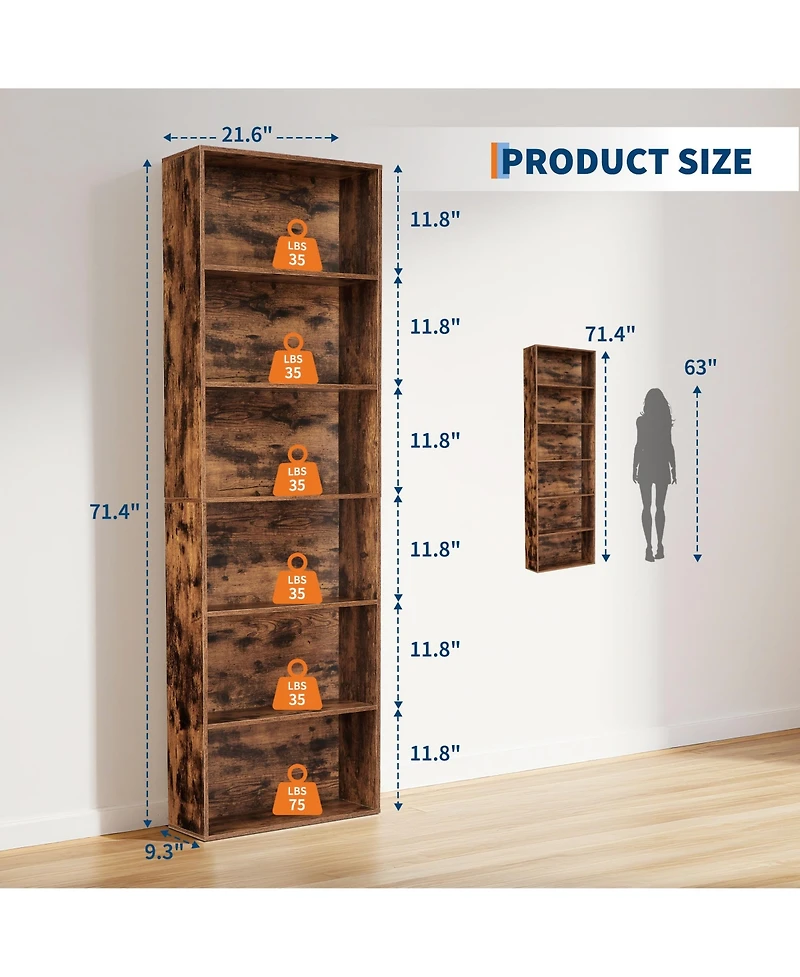 homfan 6 Tier Tall Wooden Bookcase Open Standing Bookshelf Display Storage Shelves for Home Office