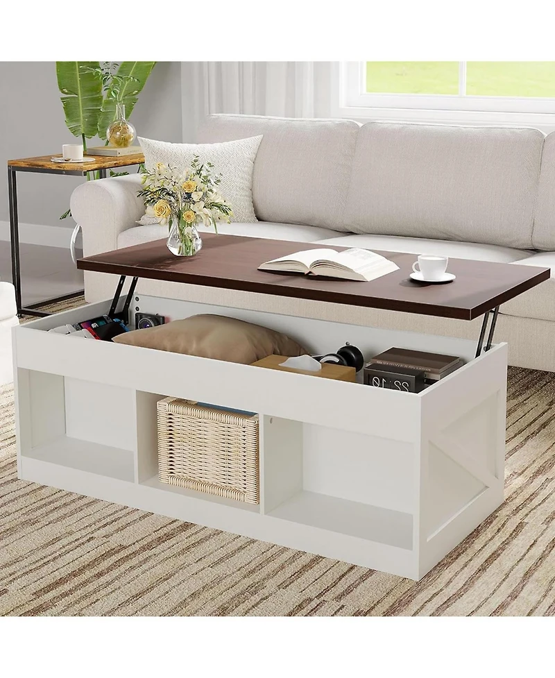 gaomon Farmhouse Lift Top Coffee Table with Storage, Coffee Table with Hidden Compartment & Open Shelf, Rising Top Center Tables
