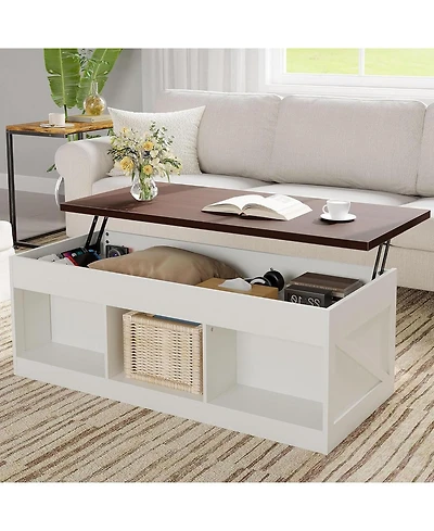 gaomon Farmhouse Lift Top Coffee Table with Storage, Coffee Table with Hidden Compartment & Open Shelf, Rising Top Center Tables