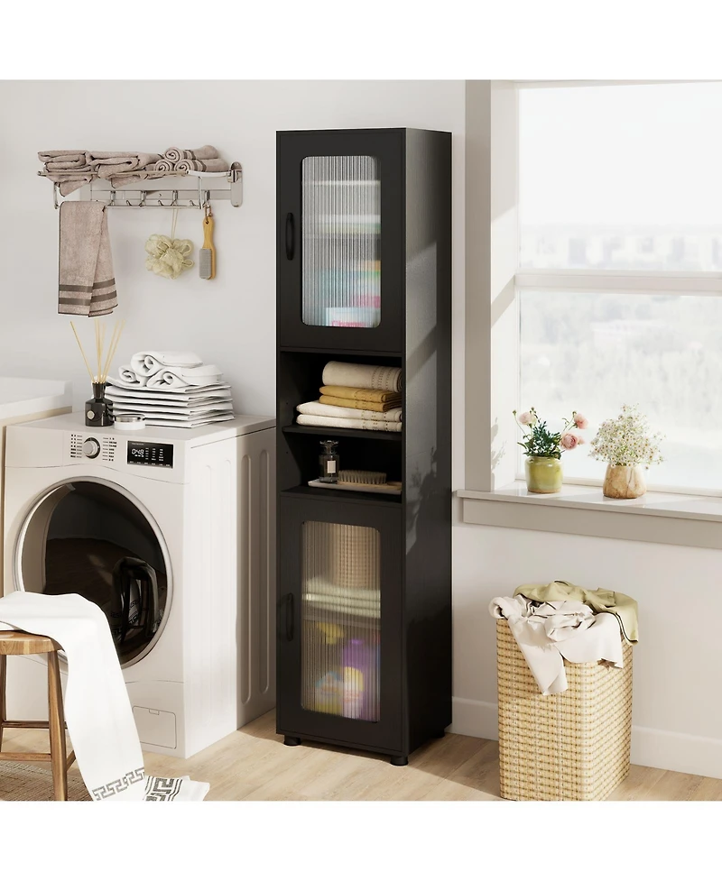 Costway Bathroom Cabinet, Slim Floor Storage Cabinet with 2 Fluted Doors,4 Rubber Feet