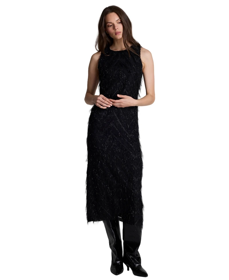 Kenneth Cole Women's Sleeveless Novelty Fringed Organza Midi Dress