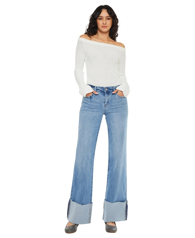 KanCan Women's Emma Mid Rise Wide Flare Jeans