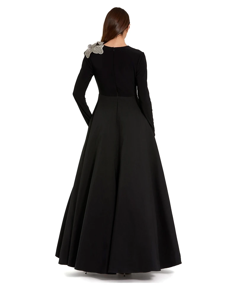 Mac Duggal Petite Long Sleeve Taffeta 3D Flower Ball Gown