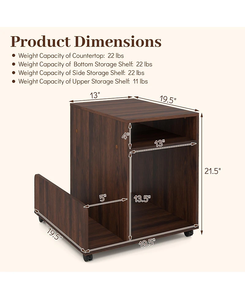Gymax Room End and Side Tables Rolling Table Storage Rack 4 Universal Wheels 2 Lockable