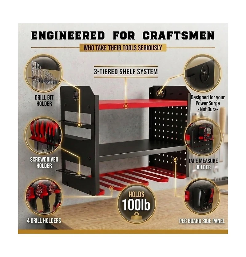 Xdovet Power Tool Organizer Wall Mount Steel Rack Drill Slots Pegboard Utility Side