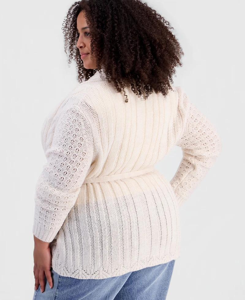 And Now This Plus Tie Pointelle Shawl Collar Drop-Shoulder Cardigan, Macy's Exclusive