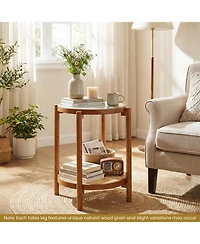 Gymax Room > End and Side Tables 2PCS Round Table w/Tempered Glass Top Storage Shelf Acacia Wood Legs