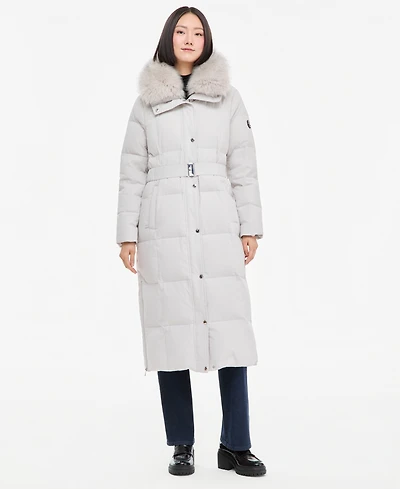 Michael Kors Women's Hooded Puffer Belted Faux-Fur-Collar Coat