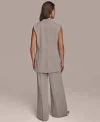 Donna Karan New York Petite V Neck One Button Vest Pinstripe Wide Leg Pants
