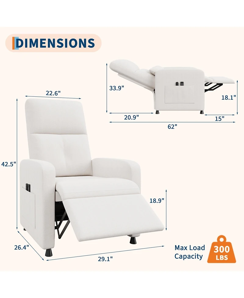 homfan Ergonomic Electric Power Recliner with Massage and Heat, Tall Back and Lumbar Support, Side Pockets and Usb Port for Home Theater