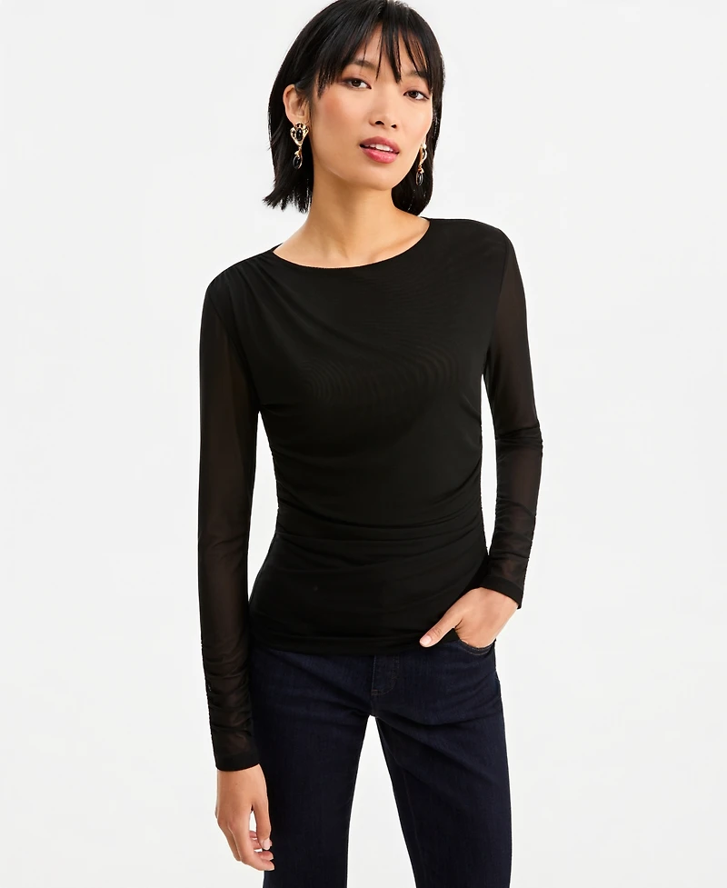 I.n.c. International Concepts Women's Long-Sleeve Ruched Mesh Blouse, Macy's Exclusive