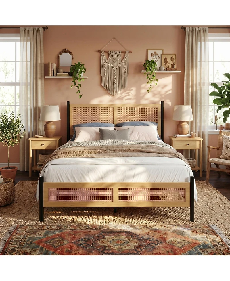 Gaomon Rattan Bed Frame with woven headboard and footboard, sturdy slatted support, no box spring needed, perfect for bedroom