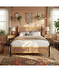Gaomon Rattan Bed Frame with woven headboard and footboard, sturdy slatted support, no box spring needed, perfect for bedroom