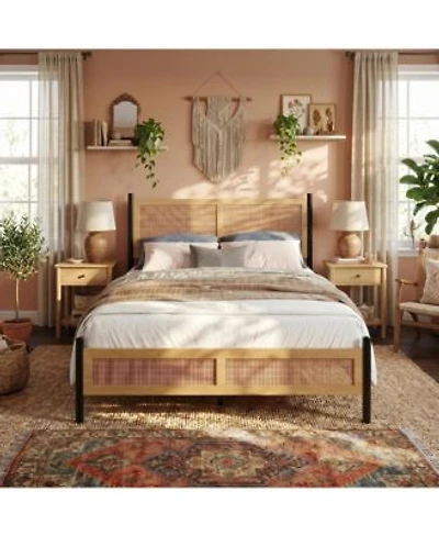 Gaomon Rattan Bed Frame With Woven Headboard Footboard Sturdy Slatted Support No Box Spring Needed Perfect For Bedroom Easy Assembly Design.