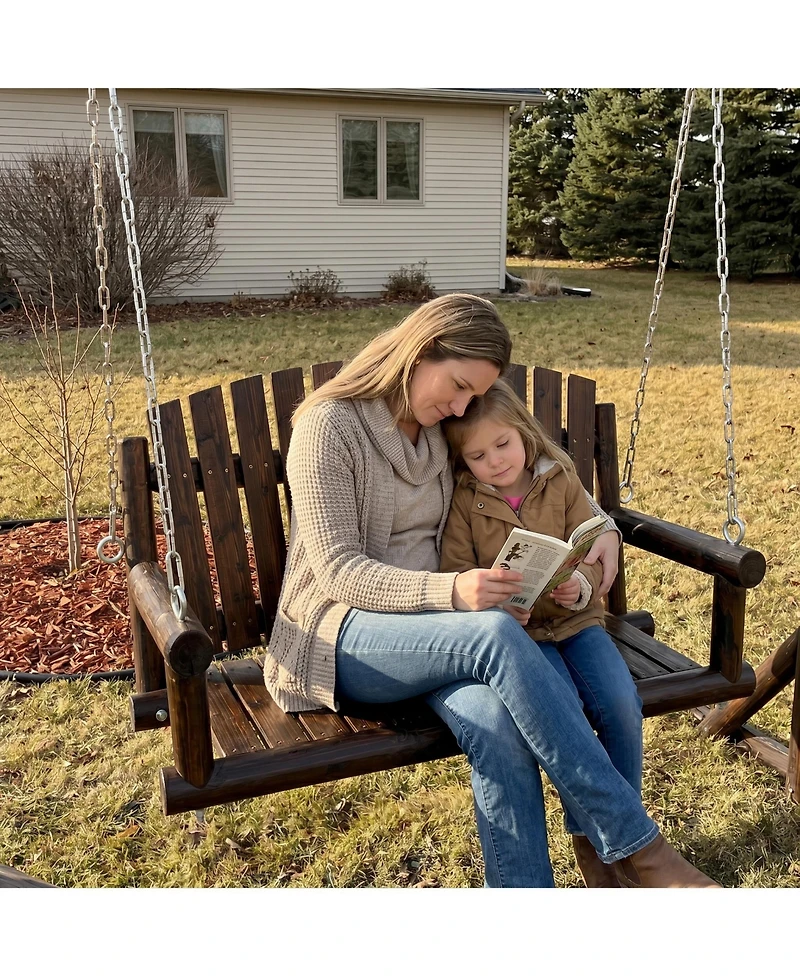 Maga Casa Innovaze 1-Seater Premium Rustic Solid Fir Wood Outdoor Porch Swing, Luxury Hanging Log Bench with 900 lbs Capacity