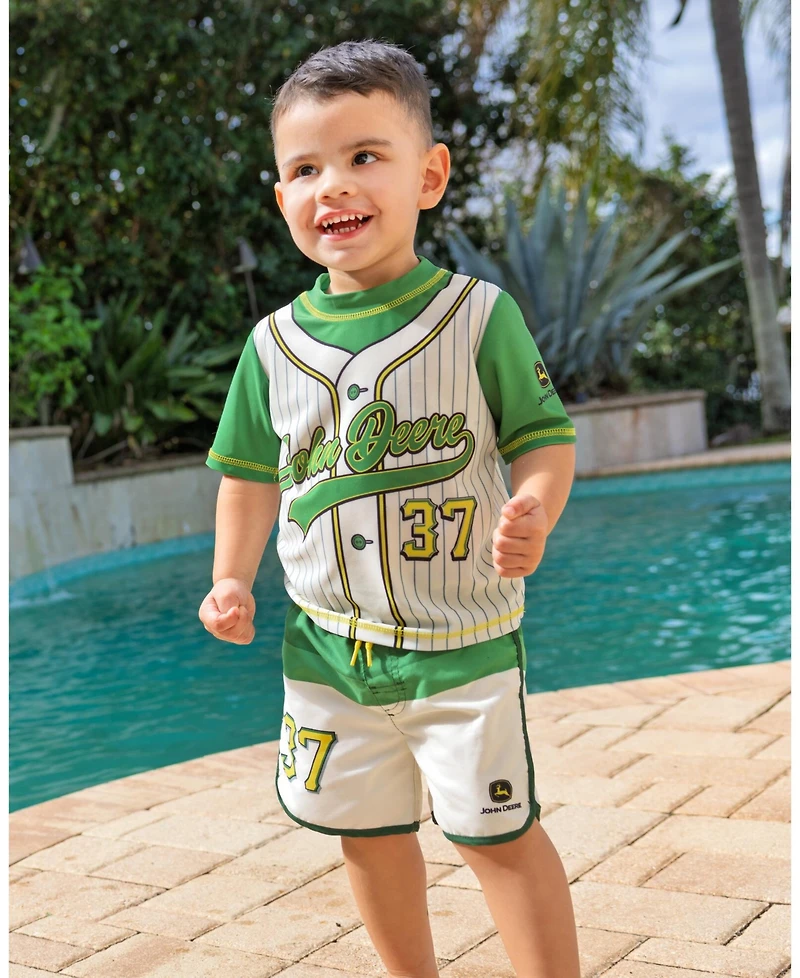 John Deere Toddler Boys Baseball Rash Guard and Swim Trunks Set