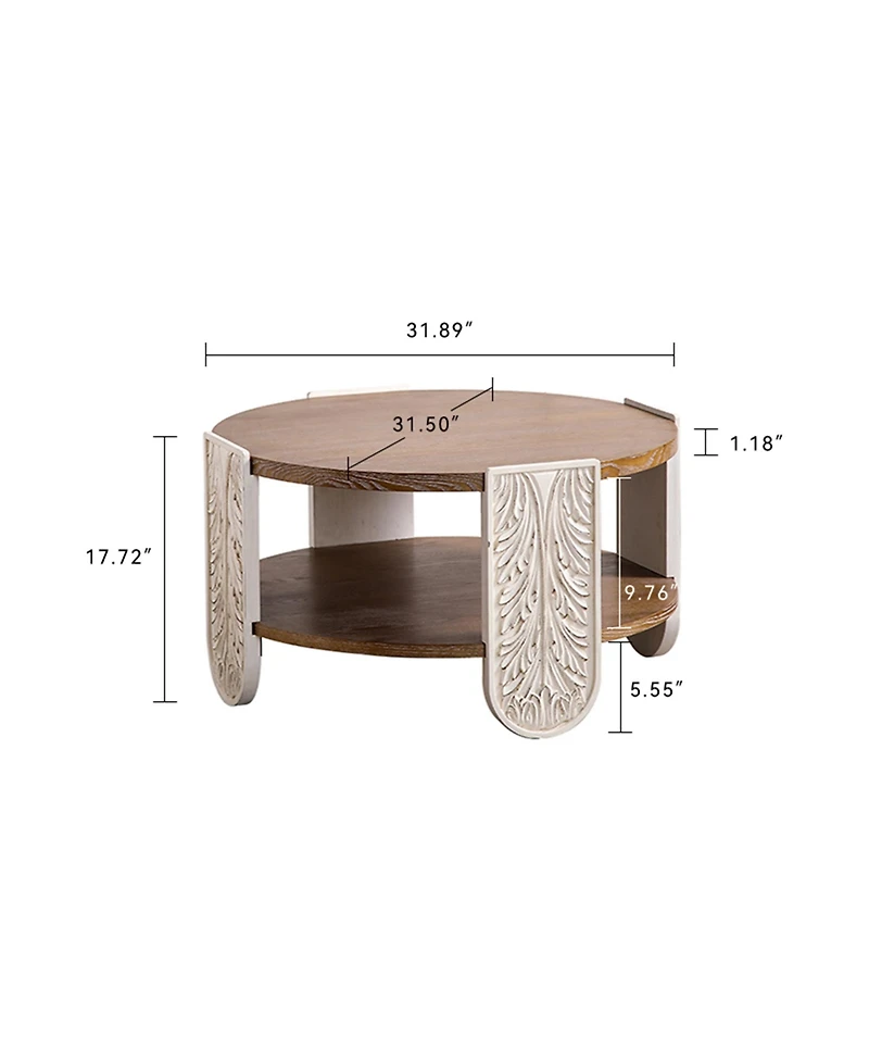 Clihome Carved Wooden Coffee Table, Retro End Table with Double-Layer Storage, Small Side Table
