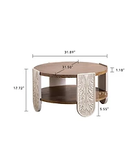 Clihome Carved Wooden Coffee Table, Retro End Table with Double-Layer Storage, Small Side Table