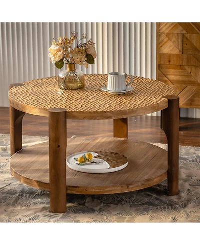 Clihome Round Coffee Table with Solid Wood for Living Room, 2-Tier Round Coffee Table with Storage Shelf