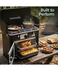 SereneLife 3-in-1 Camping Stove Oven Combo - Outdoor Camp Oven with 2 Burners, Piezo Ignition and Temperature Control